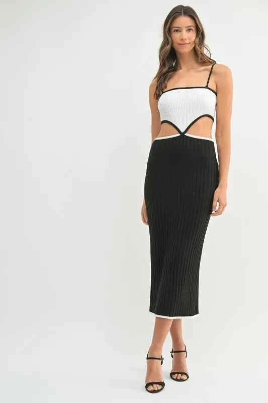 MABLE Ribbed Knit Color Block Cutout Midi Dress