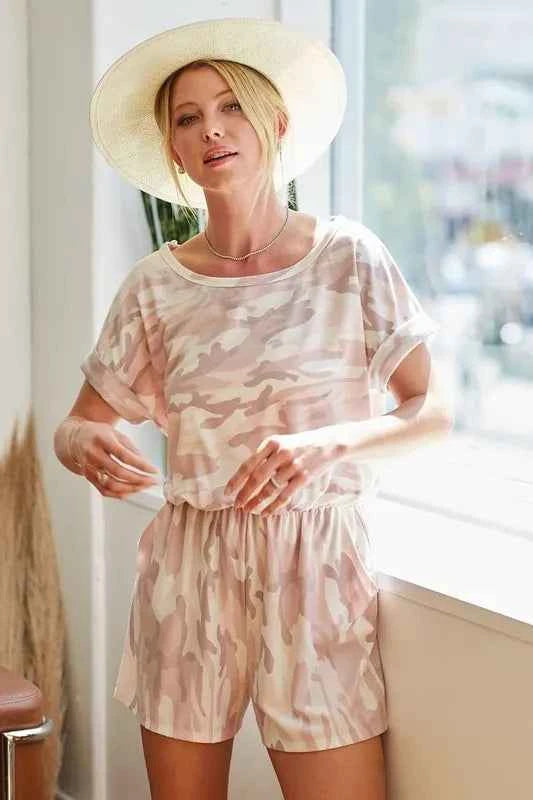 BiBi Camo Print French Terry Romper with Side Pockets