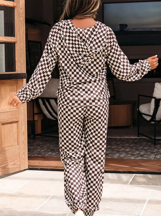 Checkered Drawstring Hoodie and Pants Set detail — Livostyle