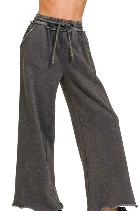 Zenana Acid Wash Fleece Palazzo Sweatpants with Pockets