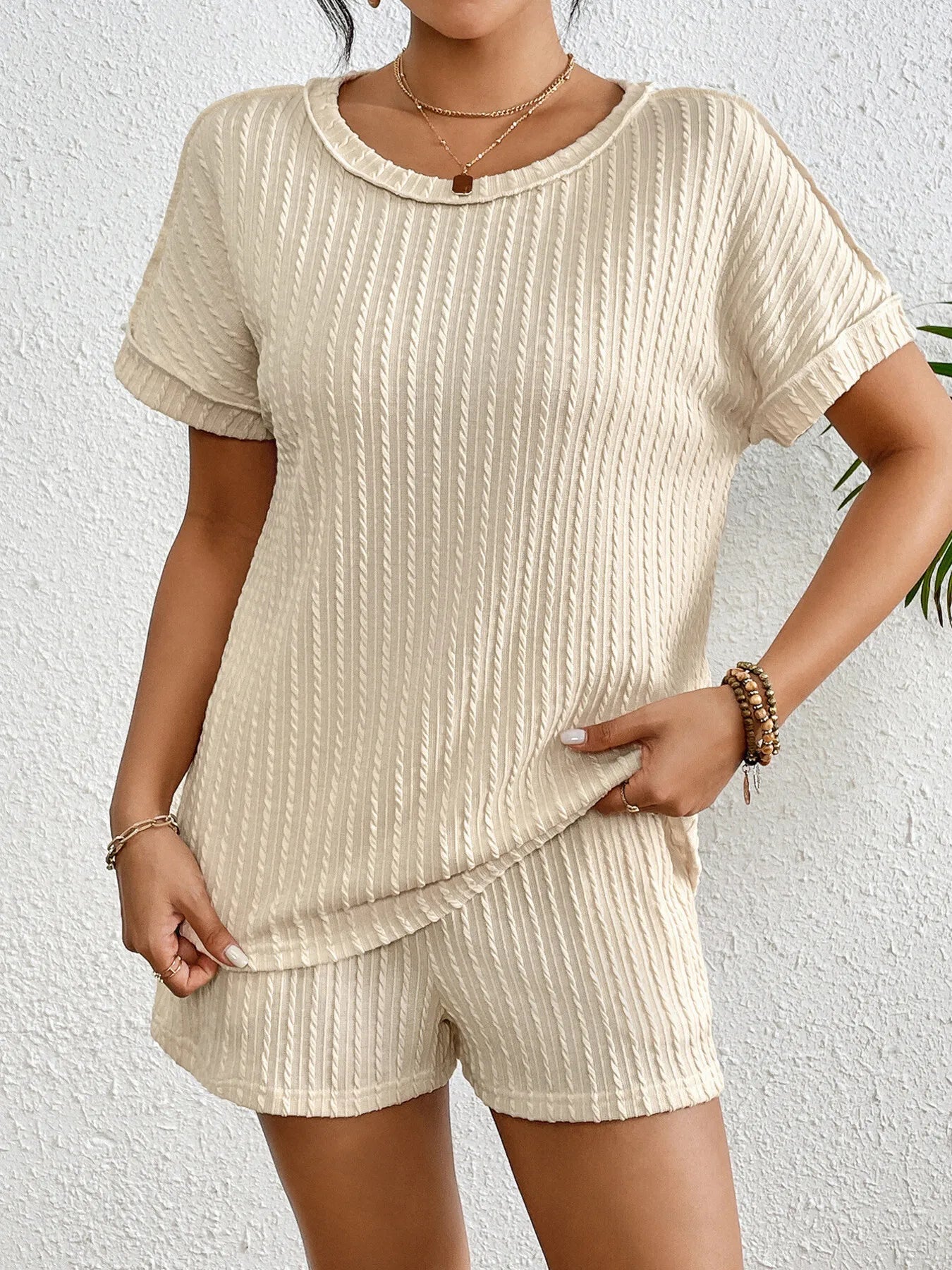 Texture Round Neck Top and Shorts Lounge Set — Livostyle