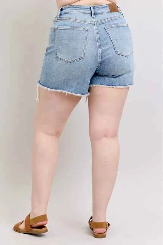 Judy Blue Plus Size HW Rigid Magic Destroy Cut Off Denim Shorts
