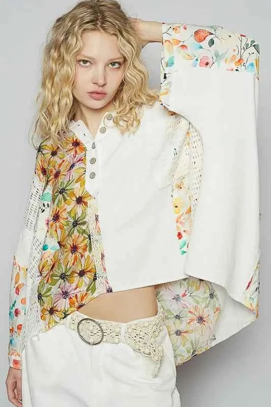POL Crochet Patch Lace Detail Button Detail Floral Hooded Top