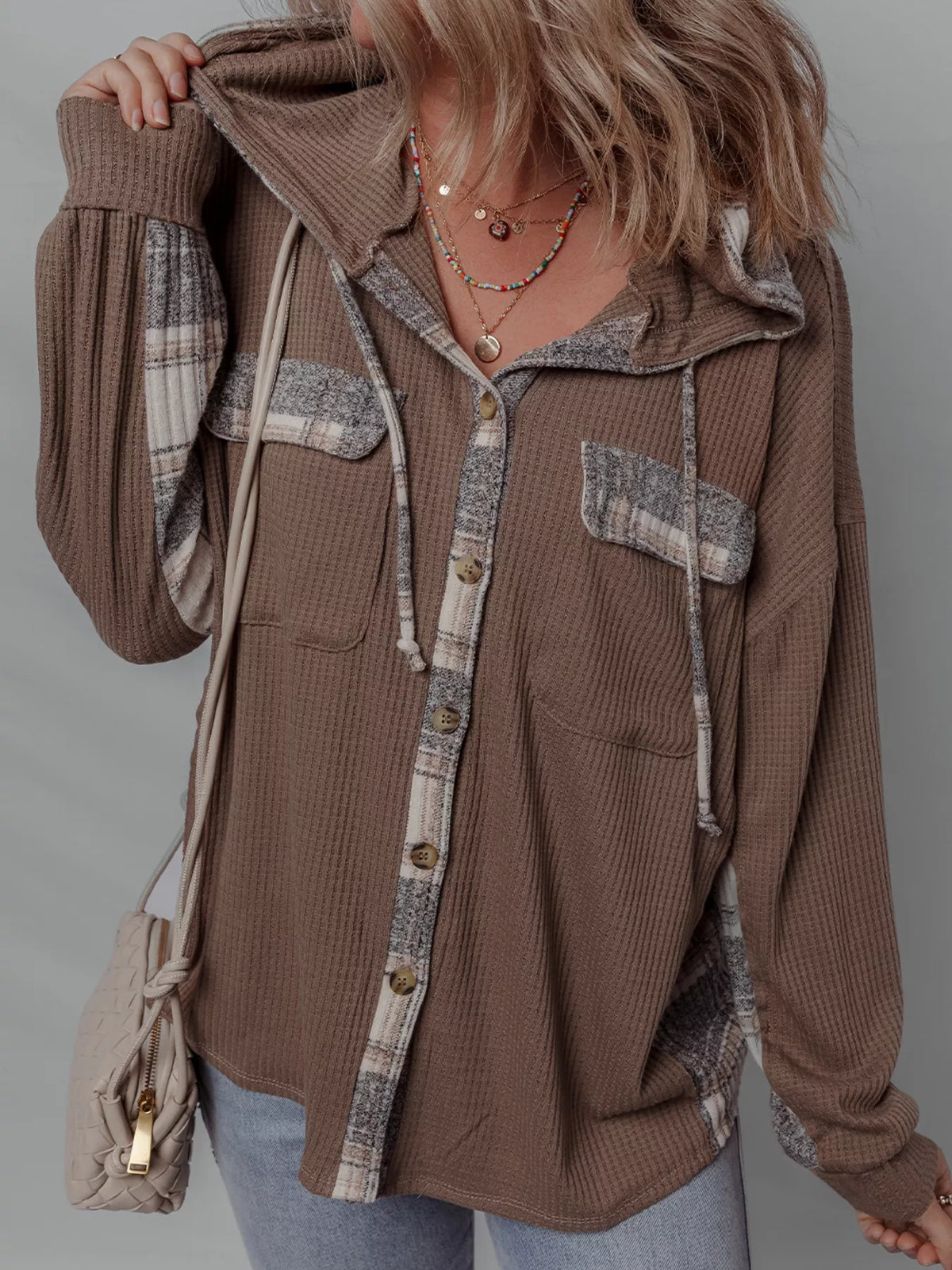 Plaid Patchwork Button-Down Hooded Shacket with Drawstring – photo 2