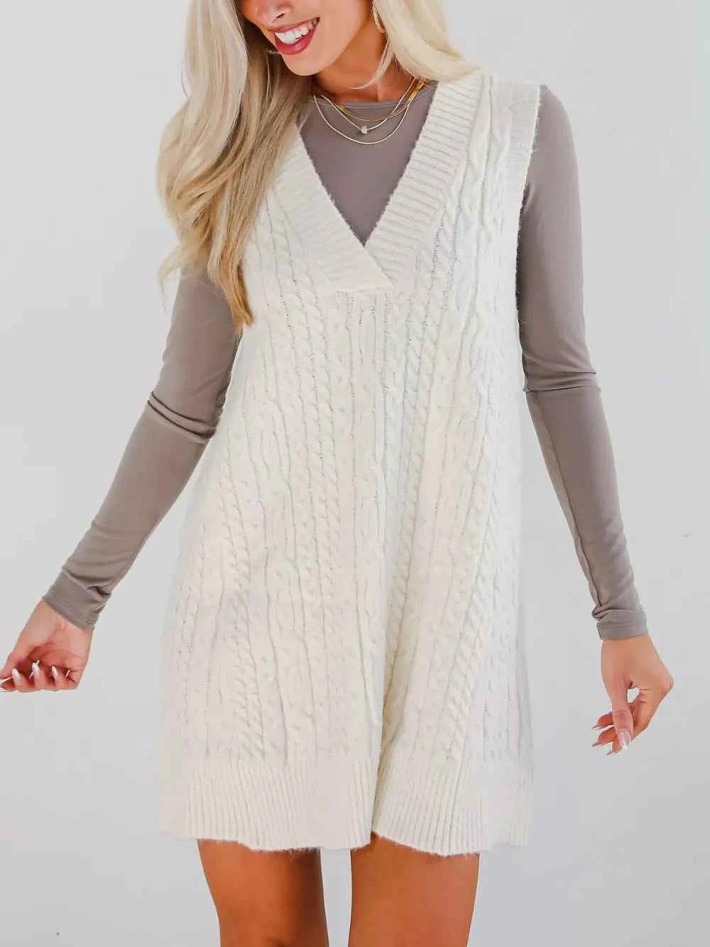Lovelet Cable Knit V-Neck Mini Sweater Overall Dress