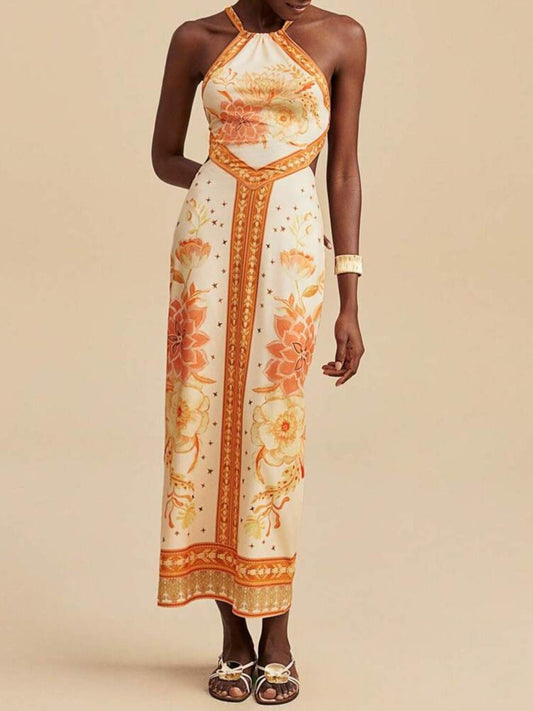Floral Halter Neck Backless Maxi Dress with Tie