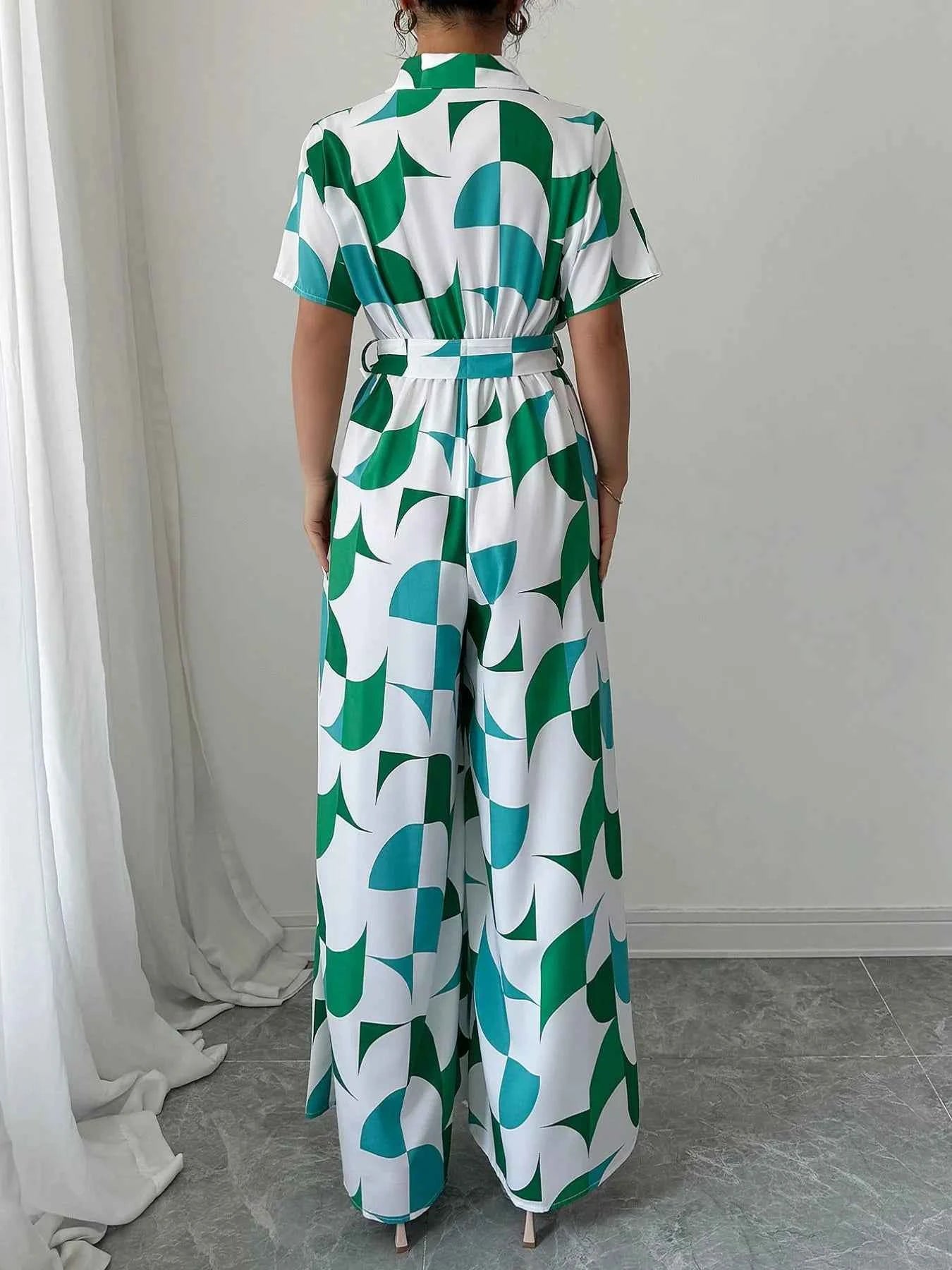 Geometric Print Belted Wide Leg Jumpsuit