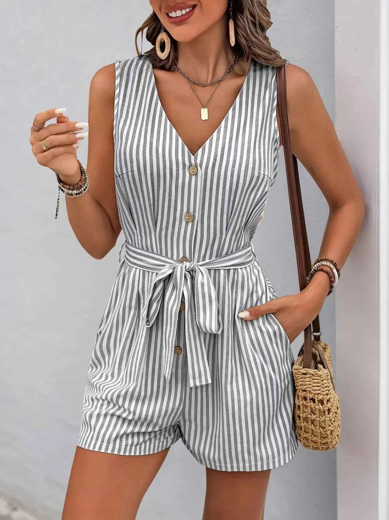 Striped V-neck Button Front Belted Romper