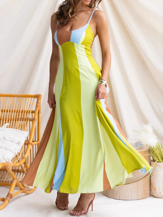 Color-Block Smocked Spaghetti Strap Maxi Dress