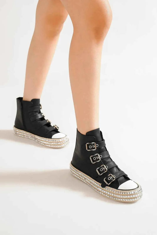 Edgy Multi-Buckle Studded Platform Sneakers for Trendy Street Style