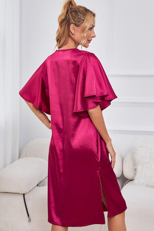 Satin Flutter Sleeve V-Neck Dress with Side Slit