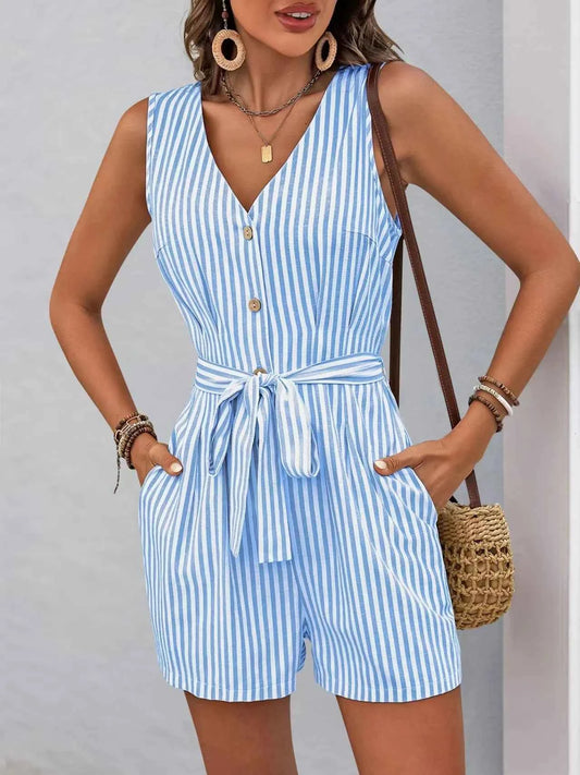 Striped V-neck Button Front Belted Romper