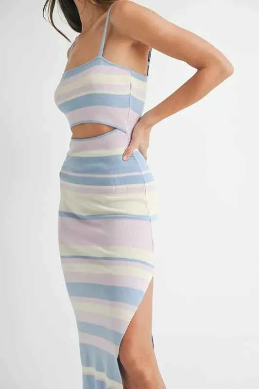 MABLE Multi Color Striped Front Cutout Knit Midi Dress