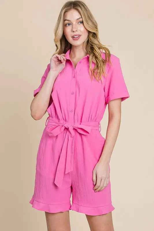 Lime 'N' Chili Collared Button Down Romper with Tie Belt