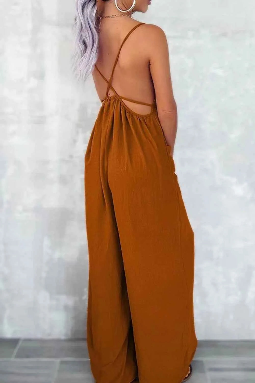 Casual Spaghetti Strap Wide Leg Jumpsuit with Pockets