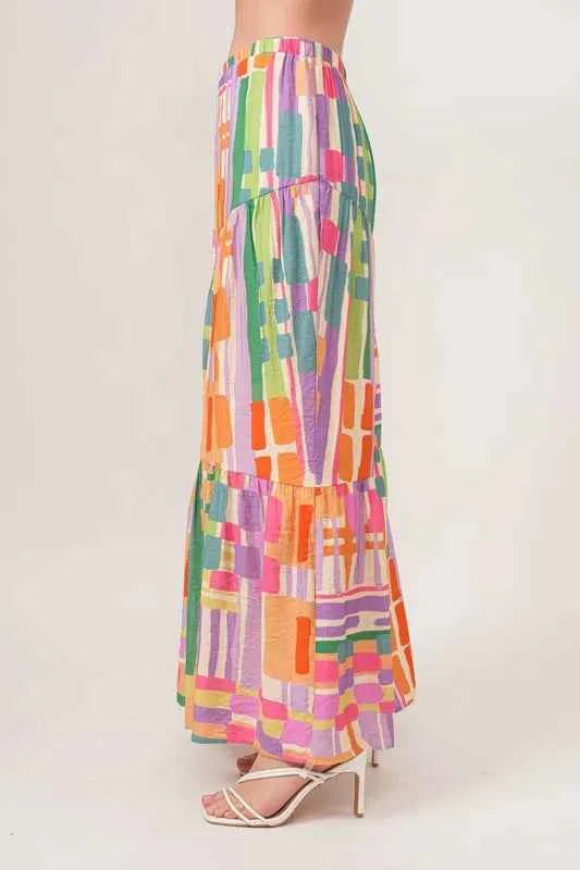 And The Why Asymmetric Geo Printed Tiered Maxi Skirt