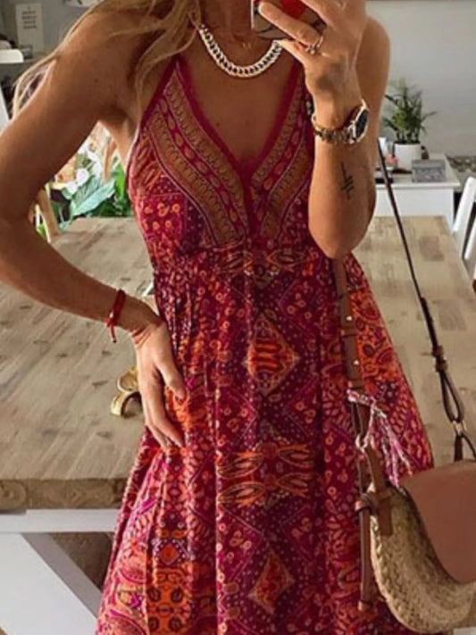 Printed Tiered V-Neck Maxi Dress
