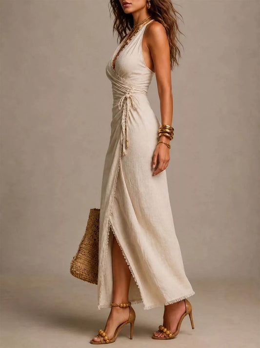 Lace-Trimmed Slit Wrap Midi Dress with Tie Waist