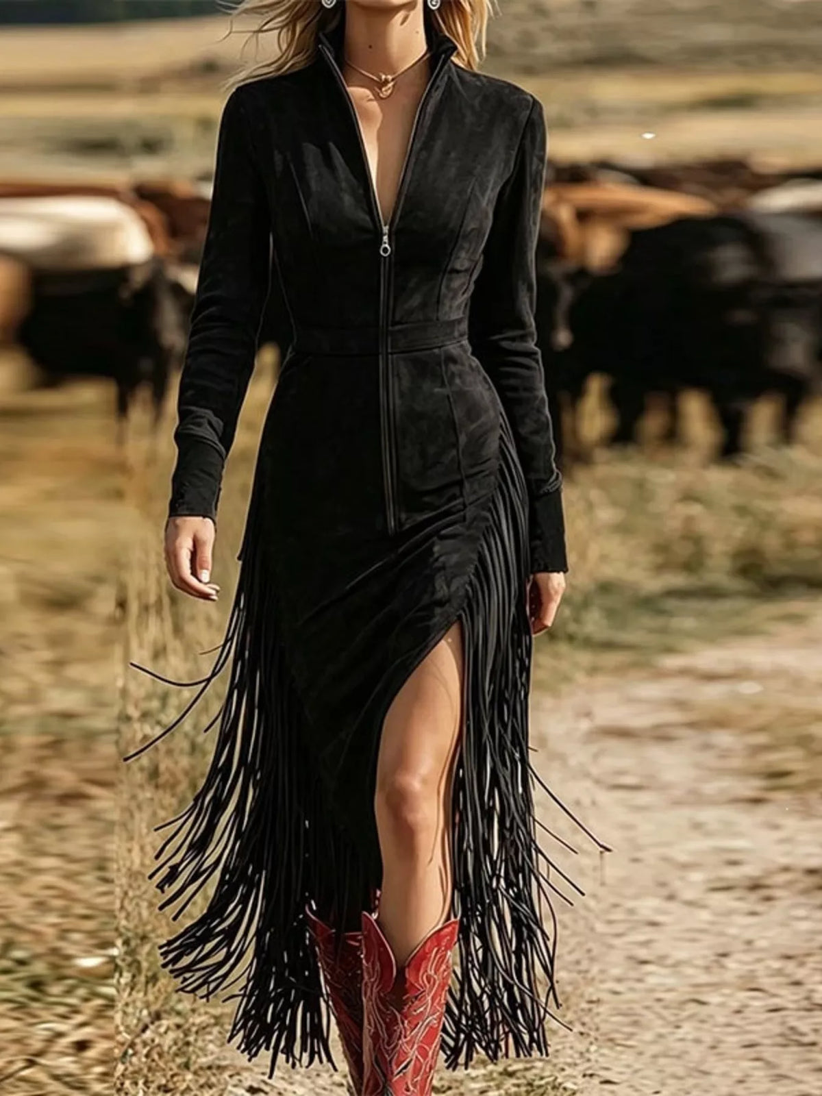 Fringe Zip-Front Slit Midi Dress in Black