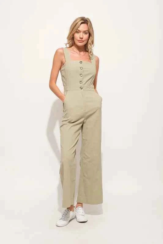 And The Why Square Neck Button Down Cropped Wide Leg Jumpsuit