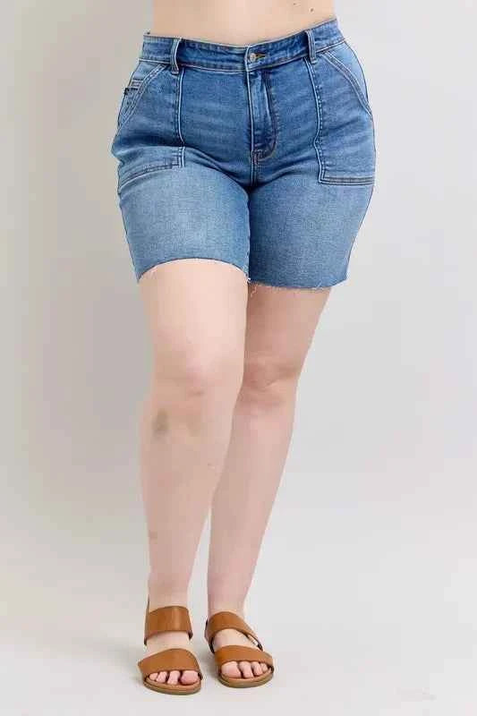 Judy Blue Full Size Mid Rise Bermudas Denim Shorts W/ Back Flap Pockets Plus Size