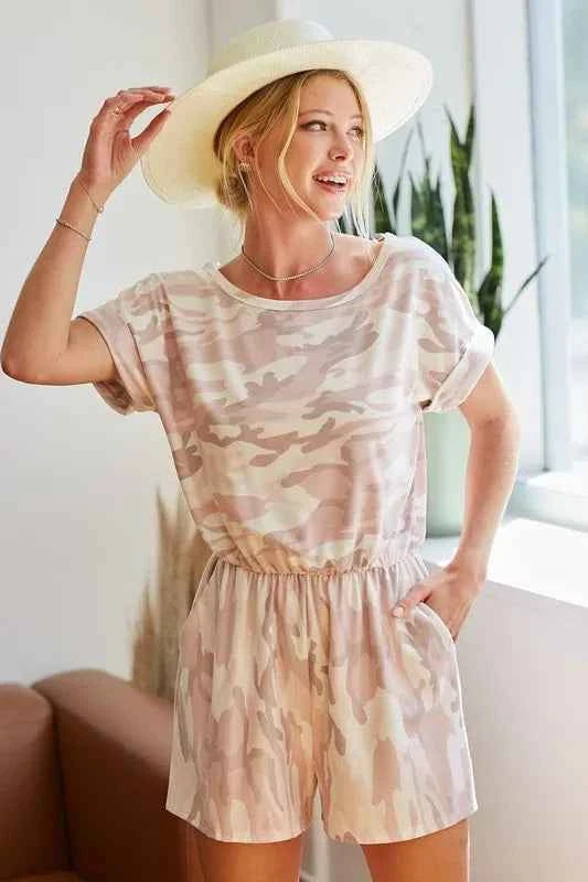 BiBi Camo Print French Terry Romper with Side Pockets