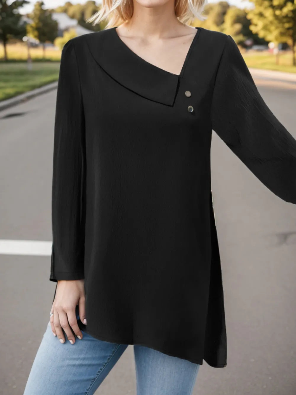 Chic Long Sleeve Asymmetrical Neck Blouse — Livostyle