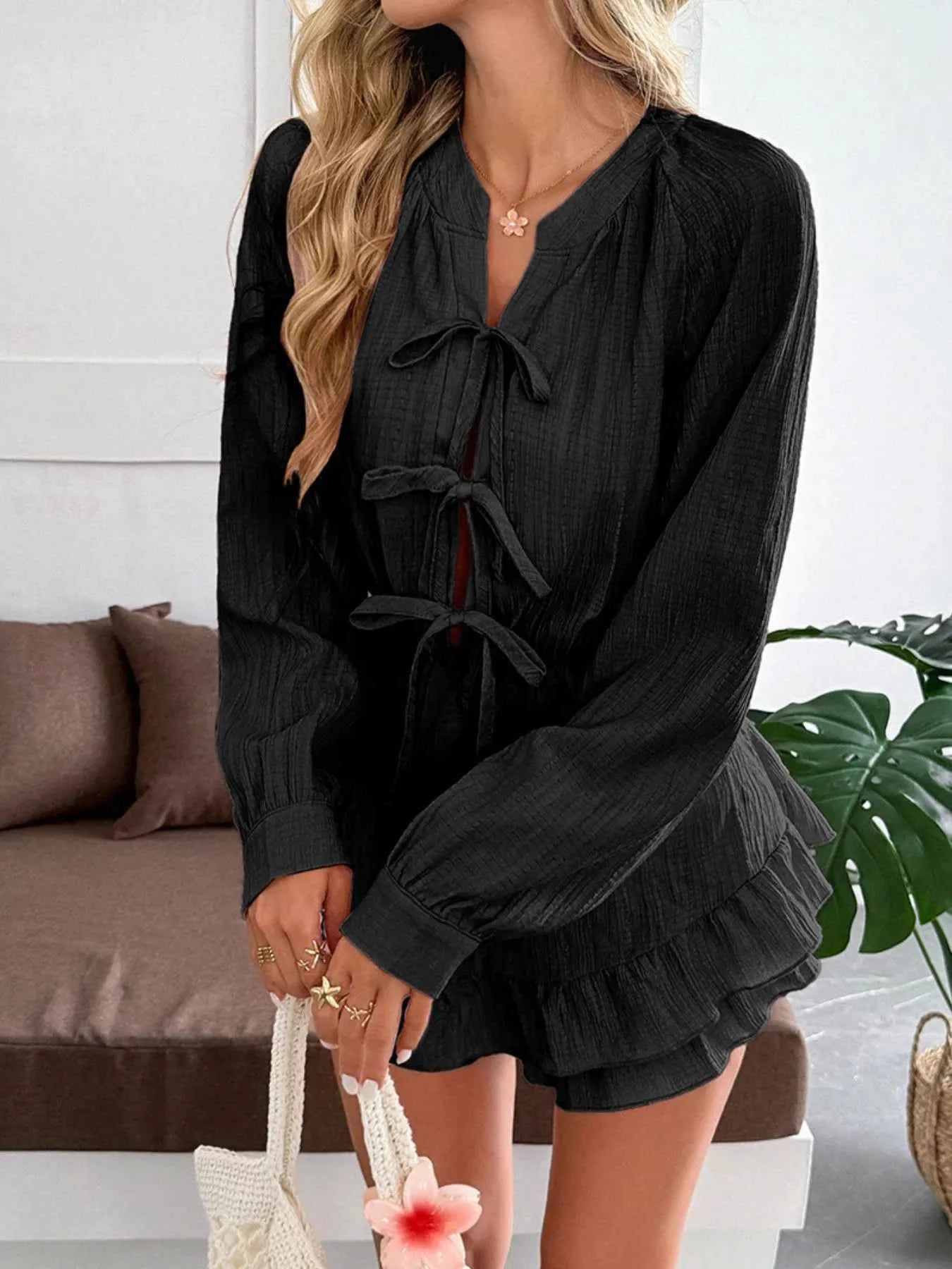 Ruffle Hem Tie Front Romper