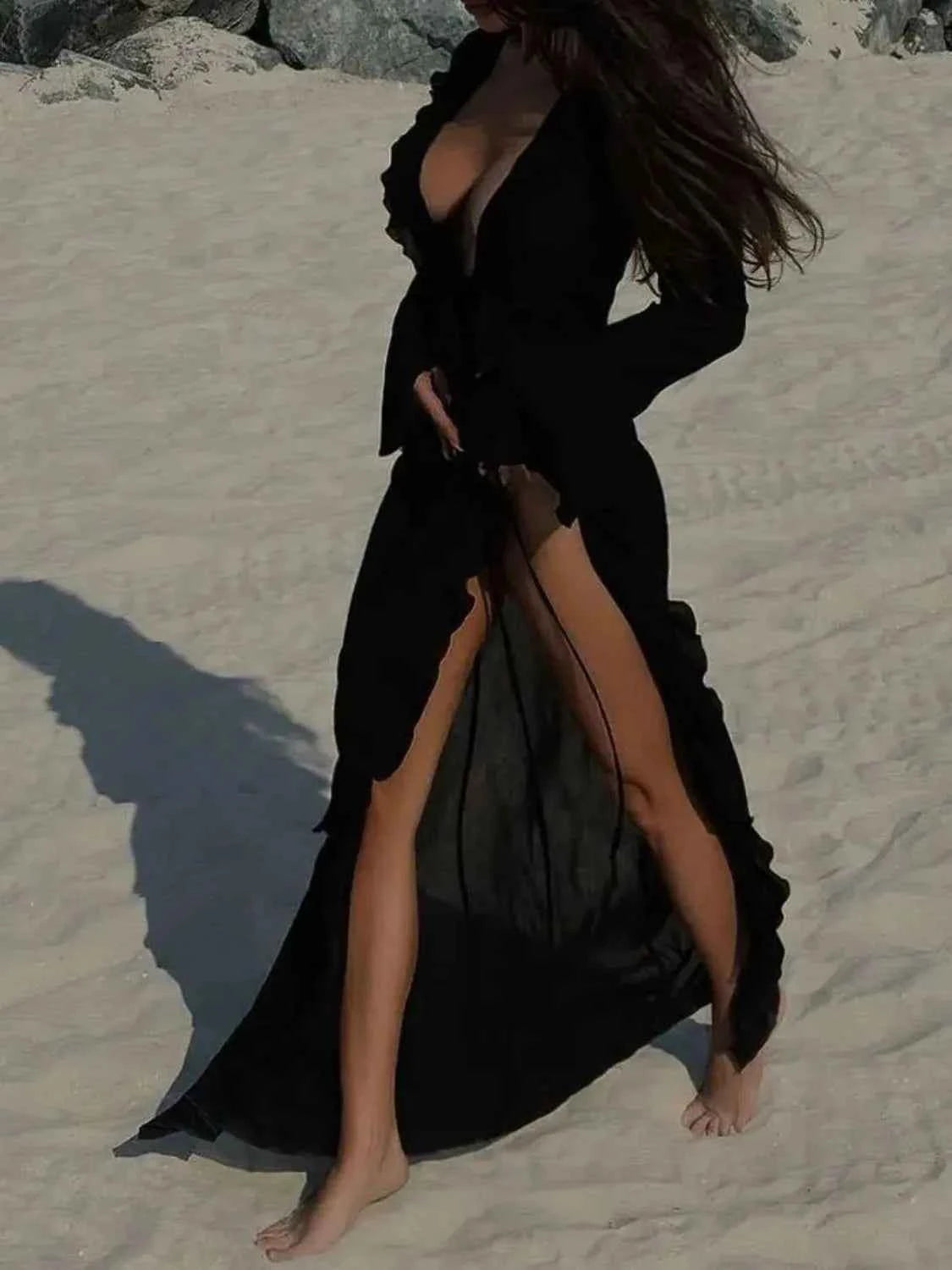 Ruffled Long Sleeve Cover-Up Dress