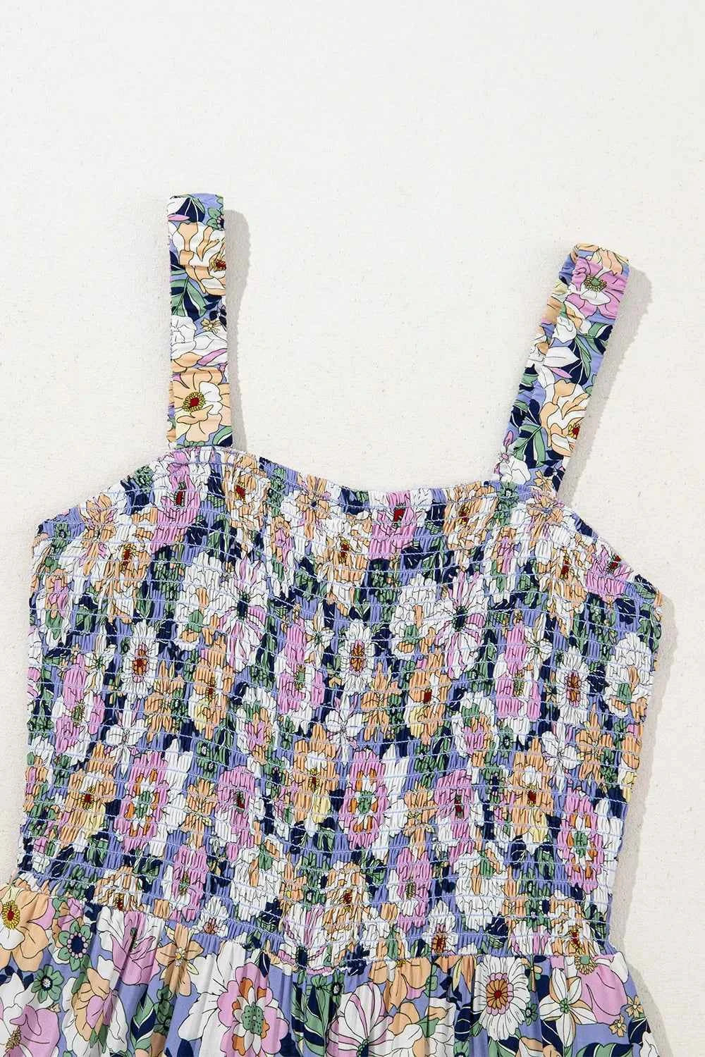 Floral Print Smocked High Waist Square Neck Jumpsuit