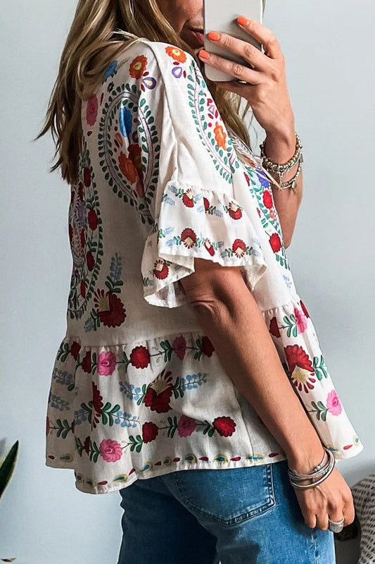 Floral Print Round Neck Ruffle Trim Blouse detail — Livostyle