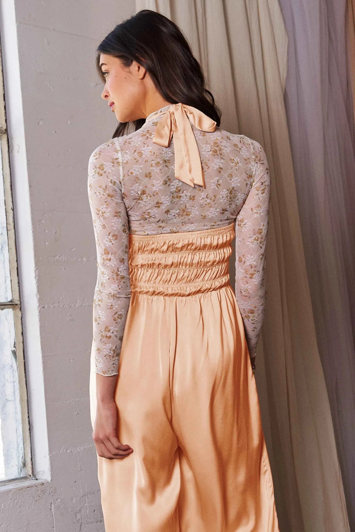 Davi & Dani Halterneck Tie Closure Smocked Bodice Jumpsuit