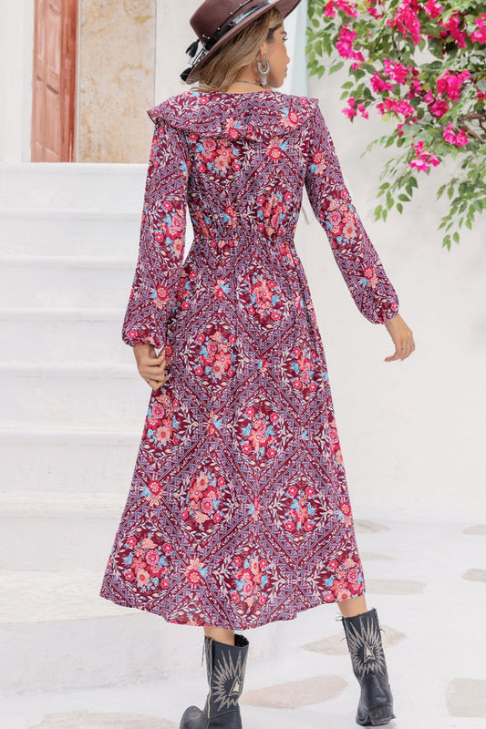 Bohemian Printed Slit Long Sleeve Midi Dress with Ruffle Collar