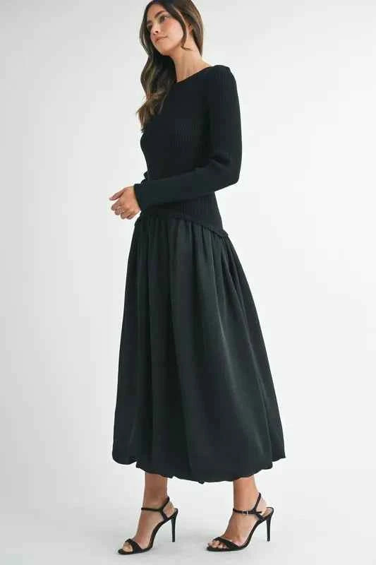 MABLE Ribbed Poplin Mix Midi Sweater Dress
