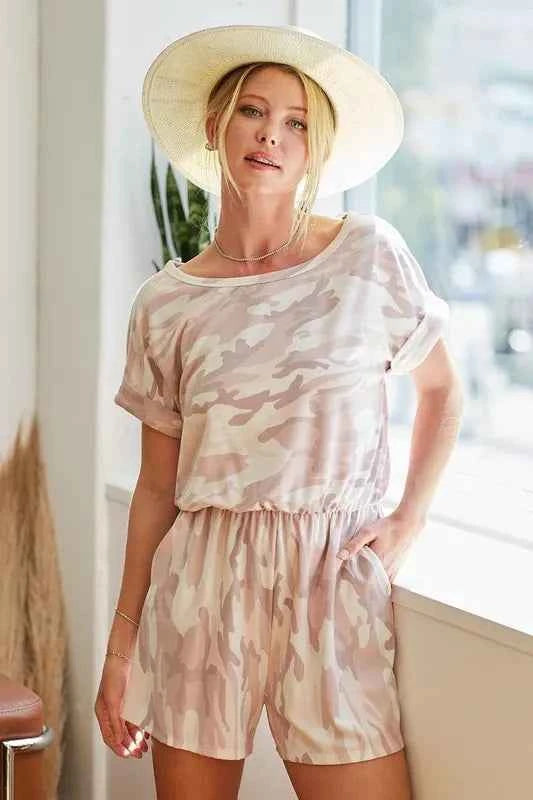 BiBi Camo Print French Terry Romper with Side Pockets