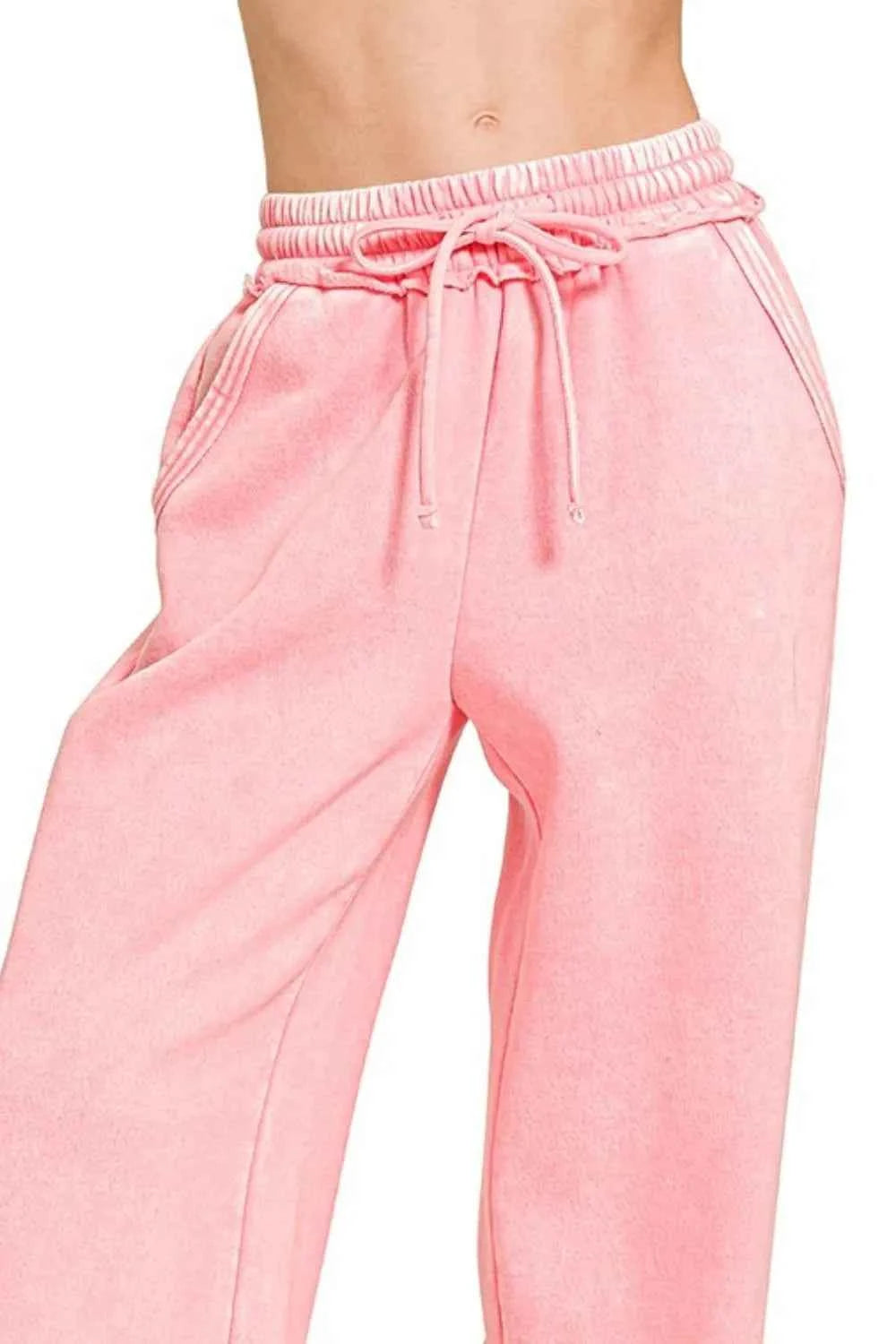 Zenana Acid Wash Fleece Palazzo Sweatpants with Pockets