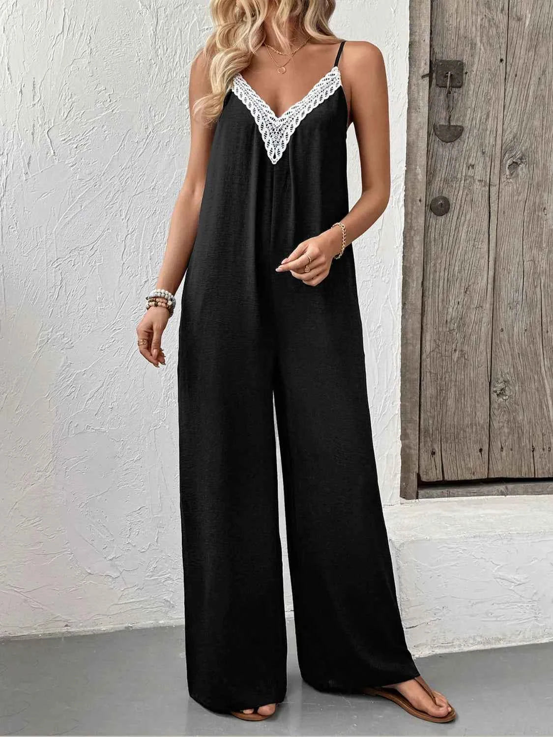 Lace Trim V-Neck Wide Leg Jumpsuit