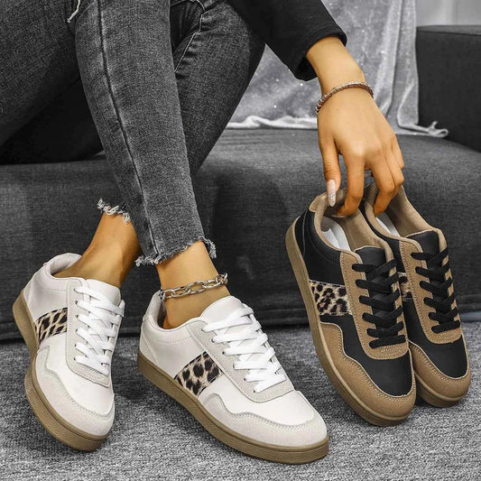 Stylish Leopard Print Lace-Up Sneakers with Round Toe