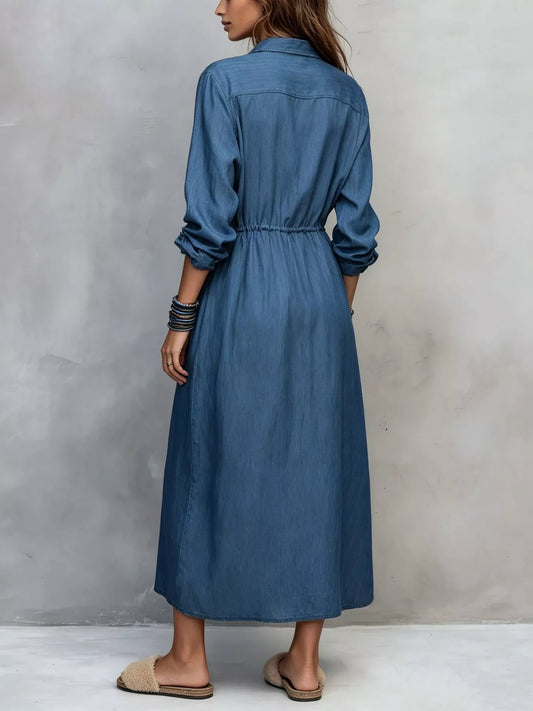 Button Front Long Sleeve Shirt Dress with Drawstring – Plus Size