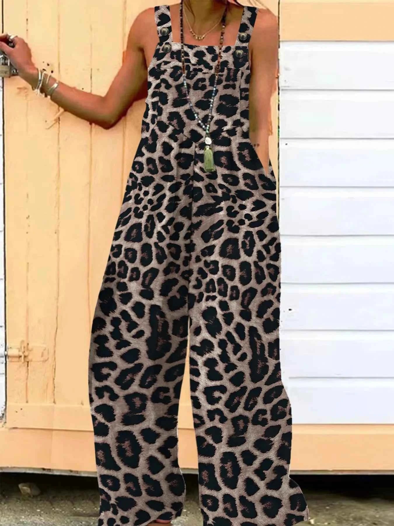 Plus Size Leopard Print Wide Leg Casual Overalls