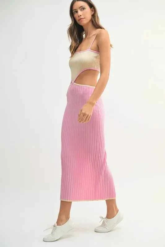 MABLE Ribbed Knit Color Block Cutout Midi Dress