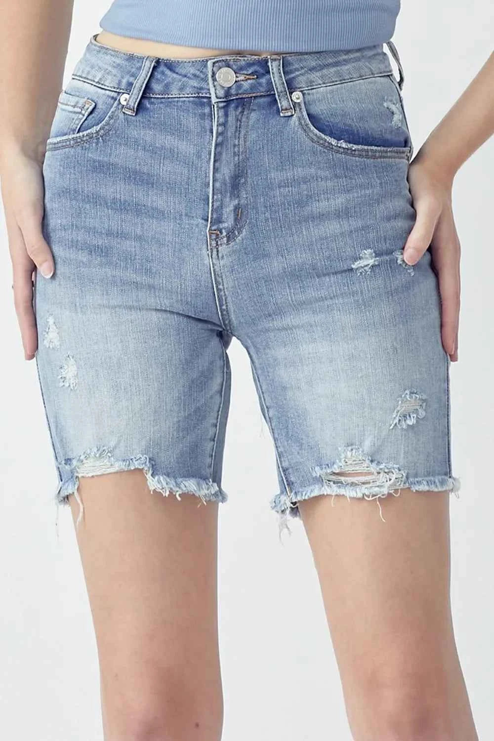 High Rise Distressed Denim Shorts with Raw Hem in Light