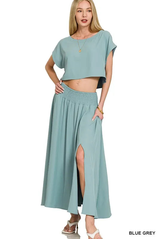 Heavy Woven Span Crop Tee & Skirt Set in BLUE GREY