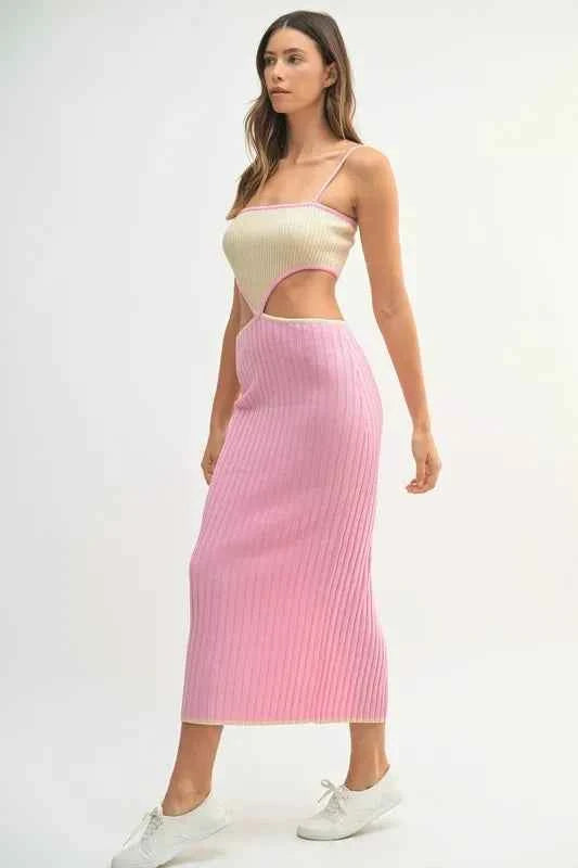 MABLE Ribbed Knit Color Block Cutout Midi Dress