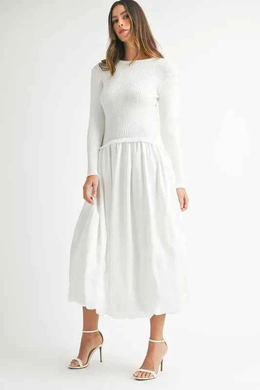 MABLE Ribbed Poplin Mix Midi Sweater Dress