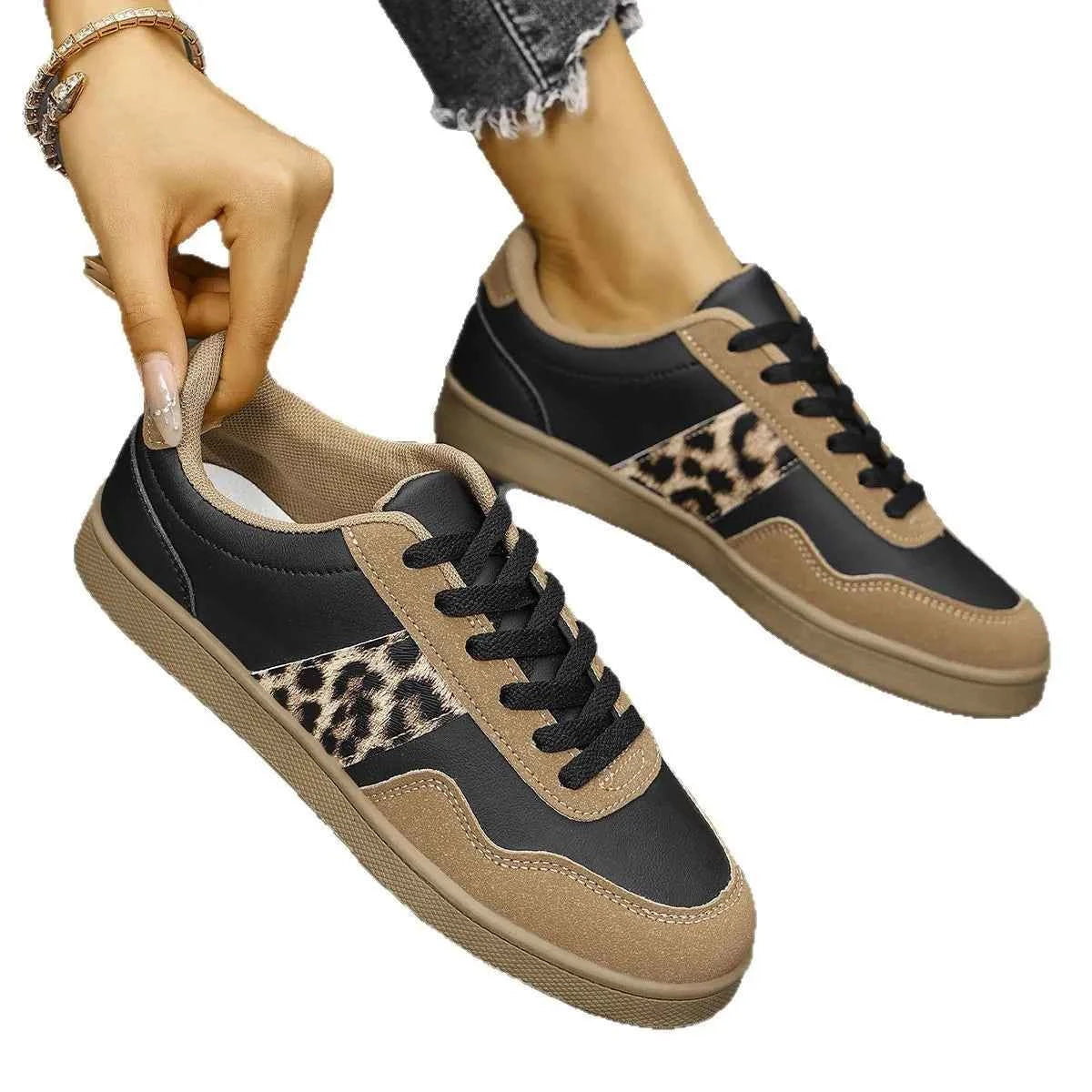 Stylish Leopard Print Lace-Up Sneakers with Round Toe