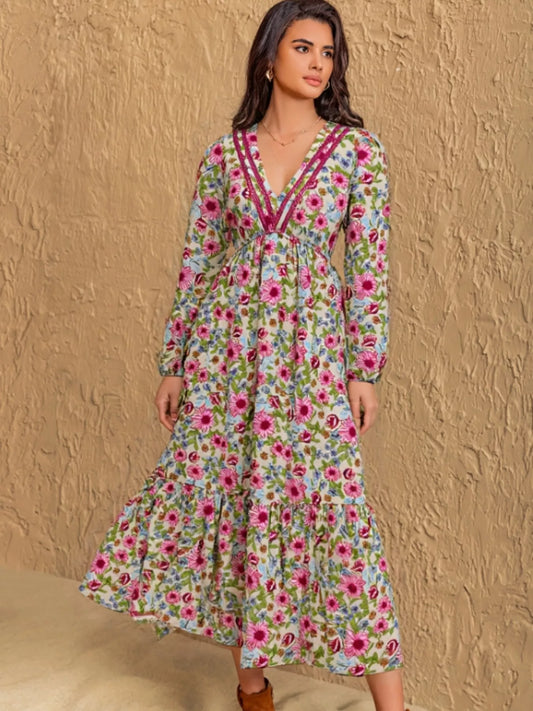 Floral Print V-Neck Bohemian Ruched Midi Dress – photo 2