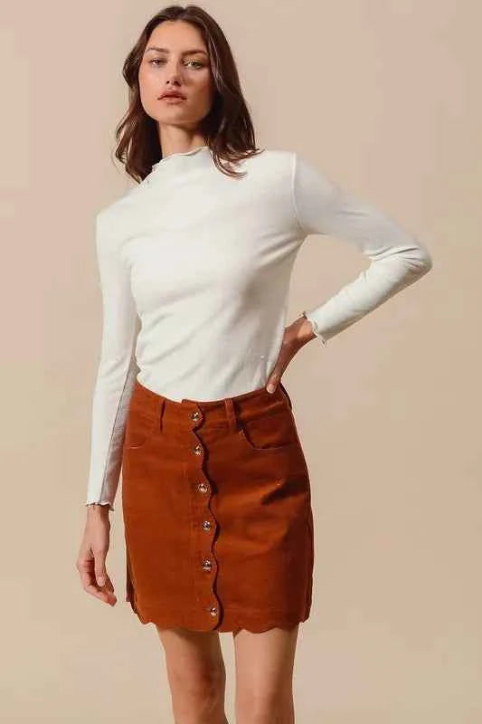 SO ME Scallop Buttoned Front Corduroy Mini Skirt