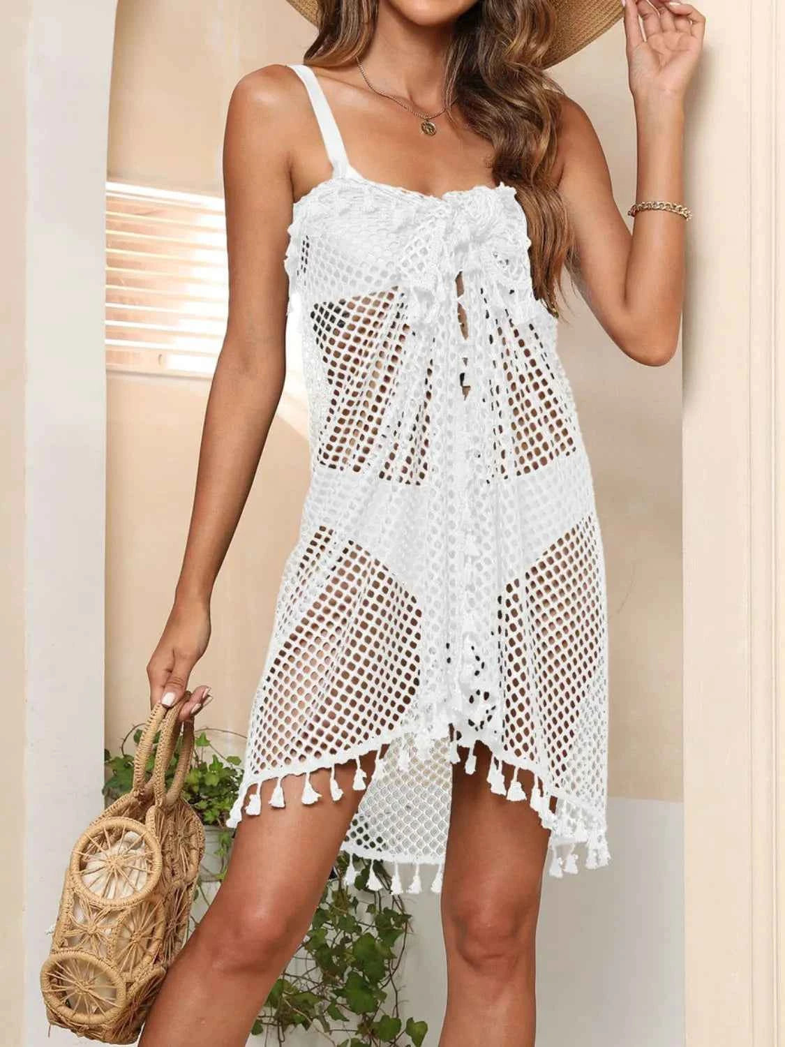 Tassel Openwork Open Front Cover-Up