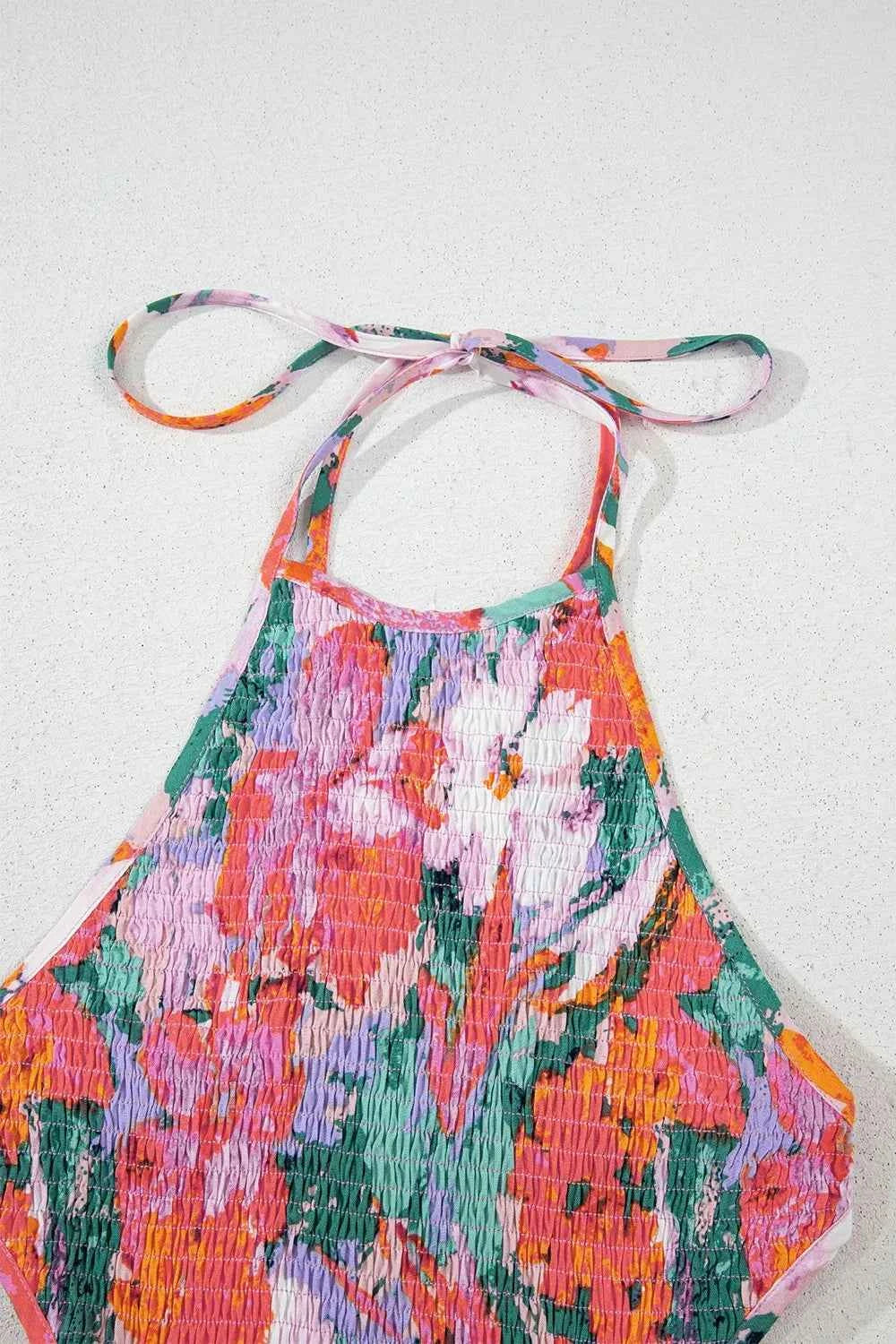 Multicolour Floral Print Smocked Halter Neck Sleeveless Wide Leg Jumpsuit